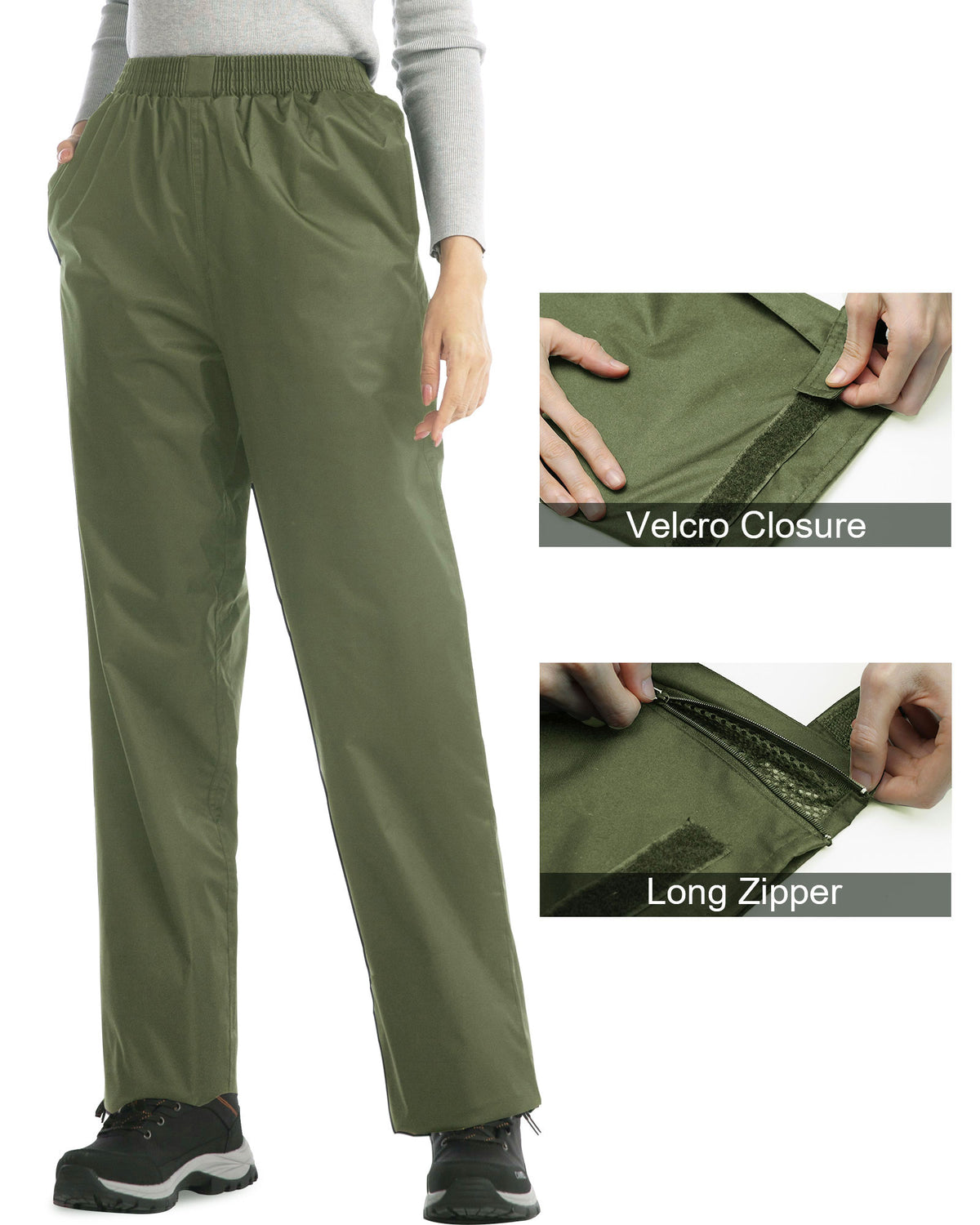 iCreek Women's Rain Pants Waterproof Hiking Pants Windproof Lightweight Over Pants Work Rain Outdoor for Golf, Fishing(Green with Pocket)