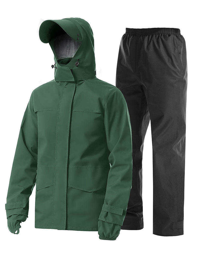 iCreek Men's Rain Suit Waterproof Rain jacket Breathable Lightweight Raincoat with Hooded Rain Gear for Leisure, Outdoor(Blackish Green）