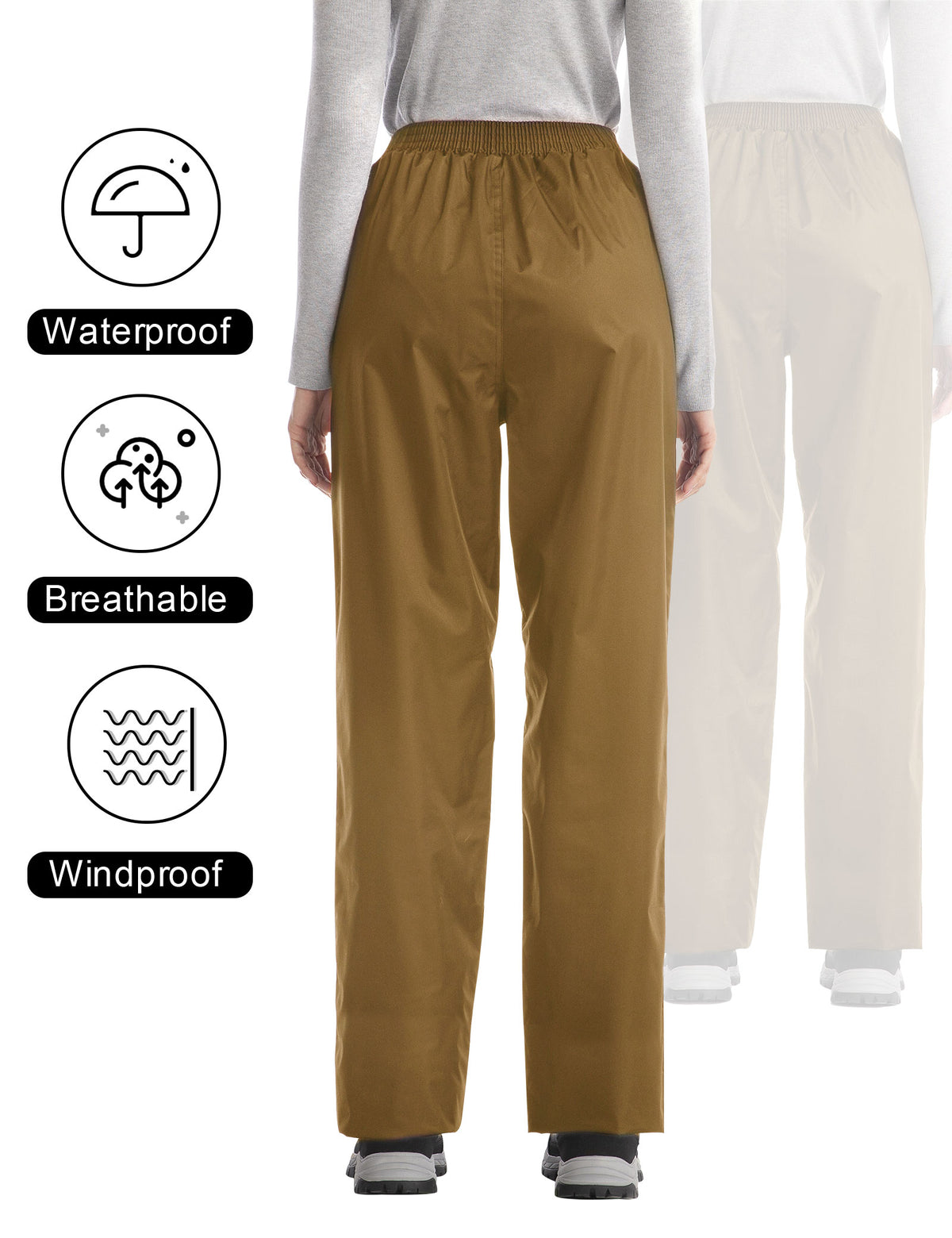 iCreek Women's Rain Pants Waterproof Hiking Pants Windproof Lightweight Over Pants Work Rain Outdoor for Golf, Fishing(Brown With Pocket)