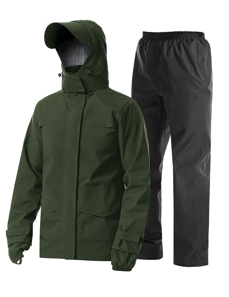 iCreek Men's Rain Suit Waterproof Rain jacket Breathable Lightweight Raincoat with Hooded Rain Gear for Leisure, Outdoor(Dark Green）