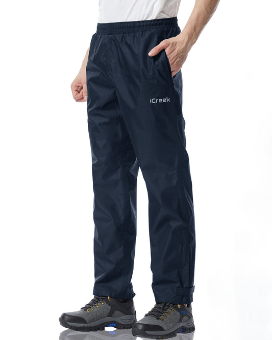 iCreek Men's Rain Pants Waterproof Cargo Pants（Navy Blue With Zipper Pocket）