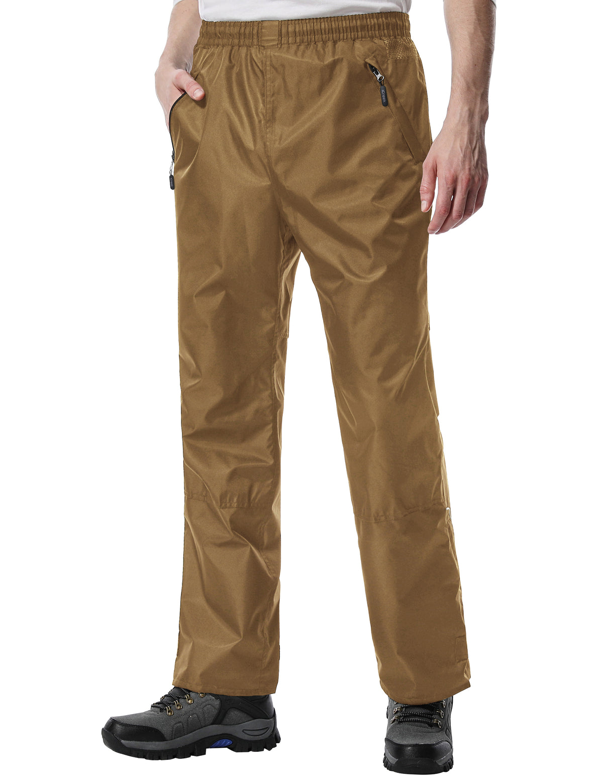 Calça de chuva masculina iCreek Calça cargo impermeável respirável leve sobre calças à prova de vento ao ar livre para caminhadas, golfe, pesca (marrom) 