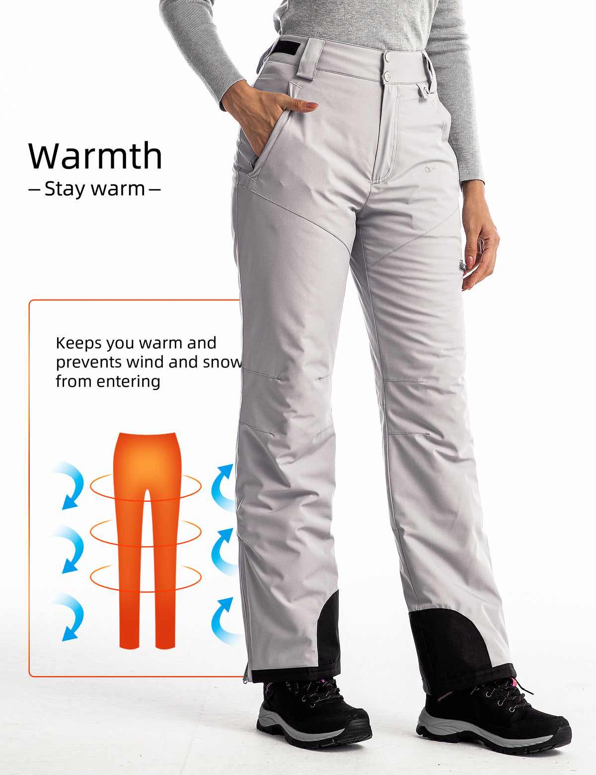 iCreek Womens Snow Pants Insulated Winter Warm Snow Trousers Sports Windproof Outdoor（Light Gray）