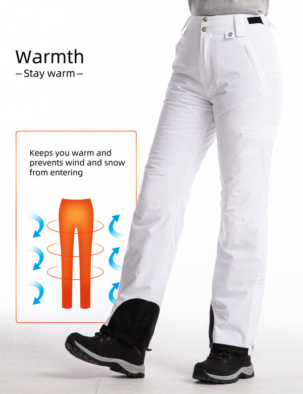 iCreek Womens Snow Pants Insulated Winter Warm Snow Trousers Sports Windproof Outdoor（White）