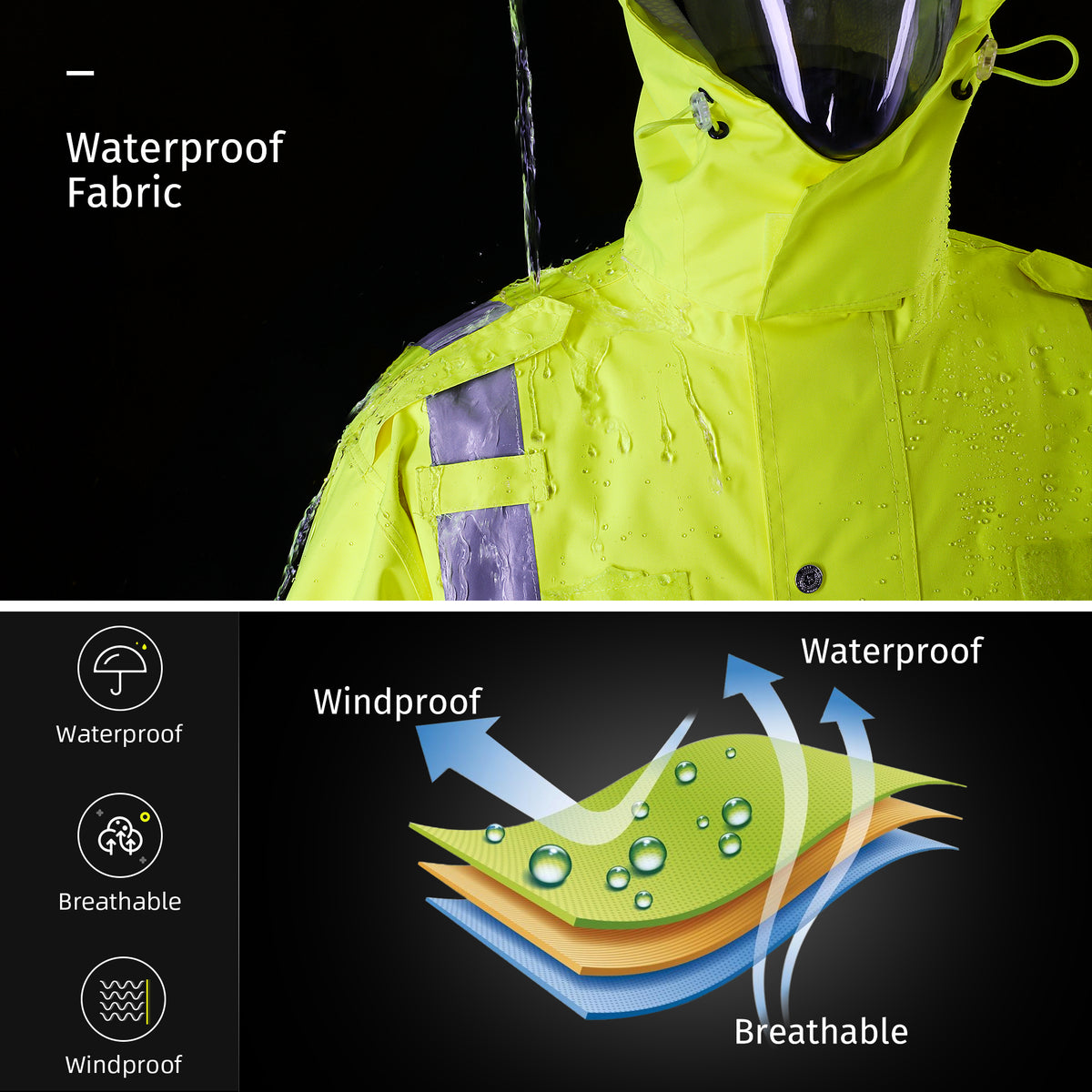 iCreek Reflective Safety Jacket for Men & Women High Visibility Rain Jacket Waterproof Raincoat Anti-Storm