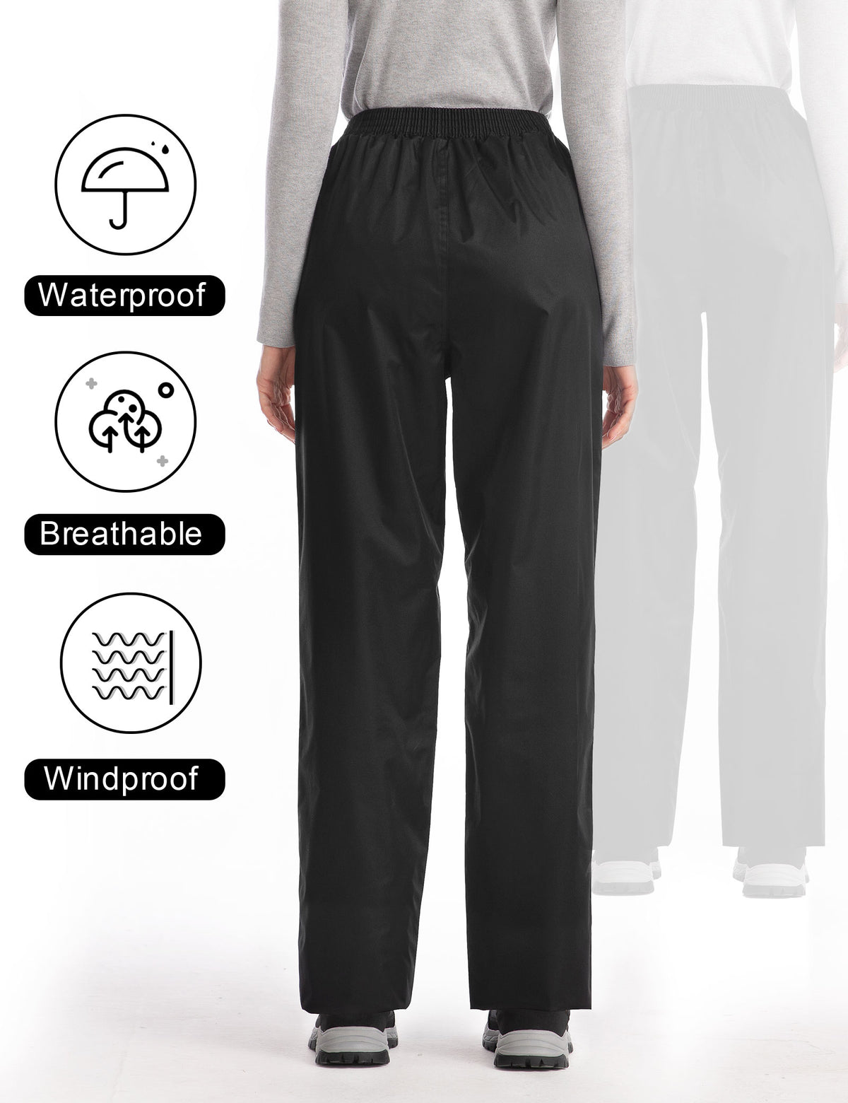 iCreek Women's Rain Pants Waterproof Hiking Pants Windproof Lightweight Over Pants Work Rain Outdoor for Golf, Fishing(Black with Pocket)