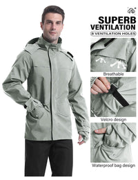 iCreek Men's Rain Suit Waterproof Rain jacket Breathable Lightweight Raincoat with Hooded Rain Gear for Leisure, Outdoor(Light Khaki）