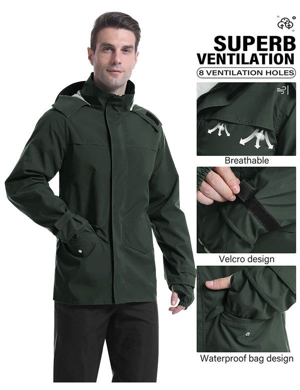 iCreek Men's Rain Suit Waterproof Rain jacket Breathable Lightweight Raincoat with Hooded Rain Gear for Leisure, Outdoor(Grayish Green）