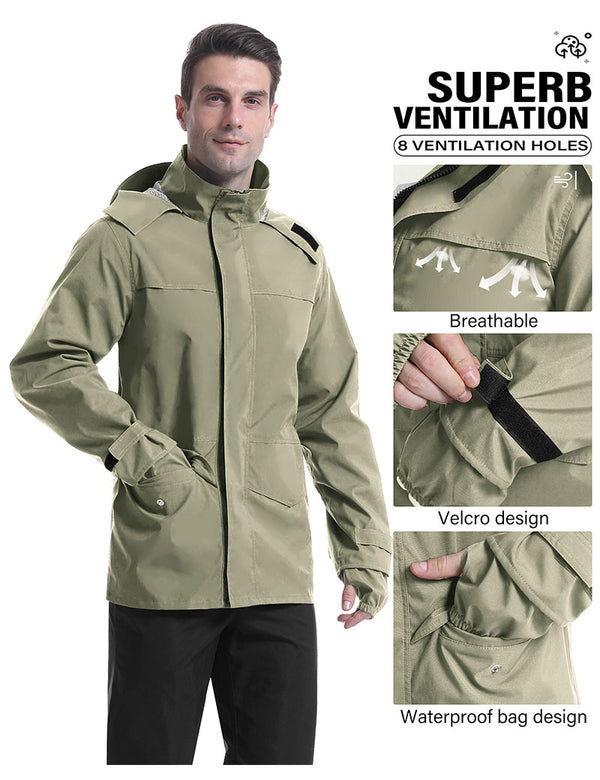 iCreek Men's Rain Suit Waterproof Rain jacket Breathable Lightweight Raincoat with Hooded Rain Gear for Leisure, Outdoor(Khaki）