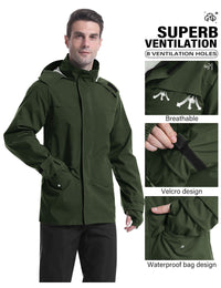 iCreek Men's Rain Suit Waterproof Rain jacket Breathable Lightweight Raincoat with Hooded Rain Gear for Leisure, Outdoor(Dark Green）