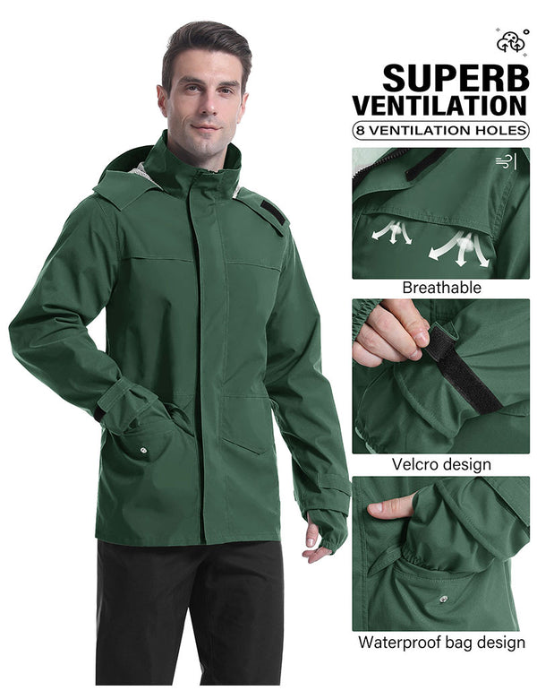 iCreek Men's Rain Suit Waterproof Rain jacket Breathable Lightweight Raincoat with Hooded Rain Gear for Leisure, Outdoor(Blackish Green）