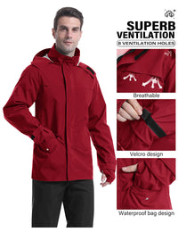 iCreek Men's Rain Suit Waterproof Rain jacket Breathable Lightweight Raincoat with Hooded Rain Gear for Leisure, Outdoor(Red）