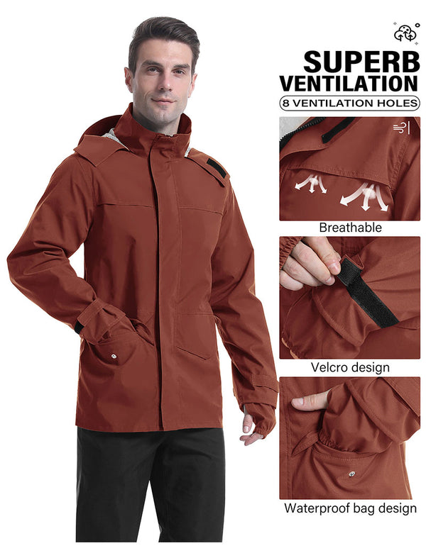 iCreek Men's Rain Suit Waterproof Rain jacket Breathable Lightweight Raincoat with Hooded Rain Gear for Leisure, Outdoor(Purplish Red）