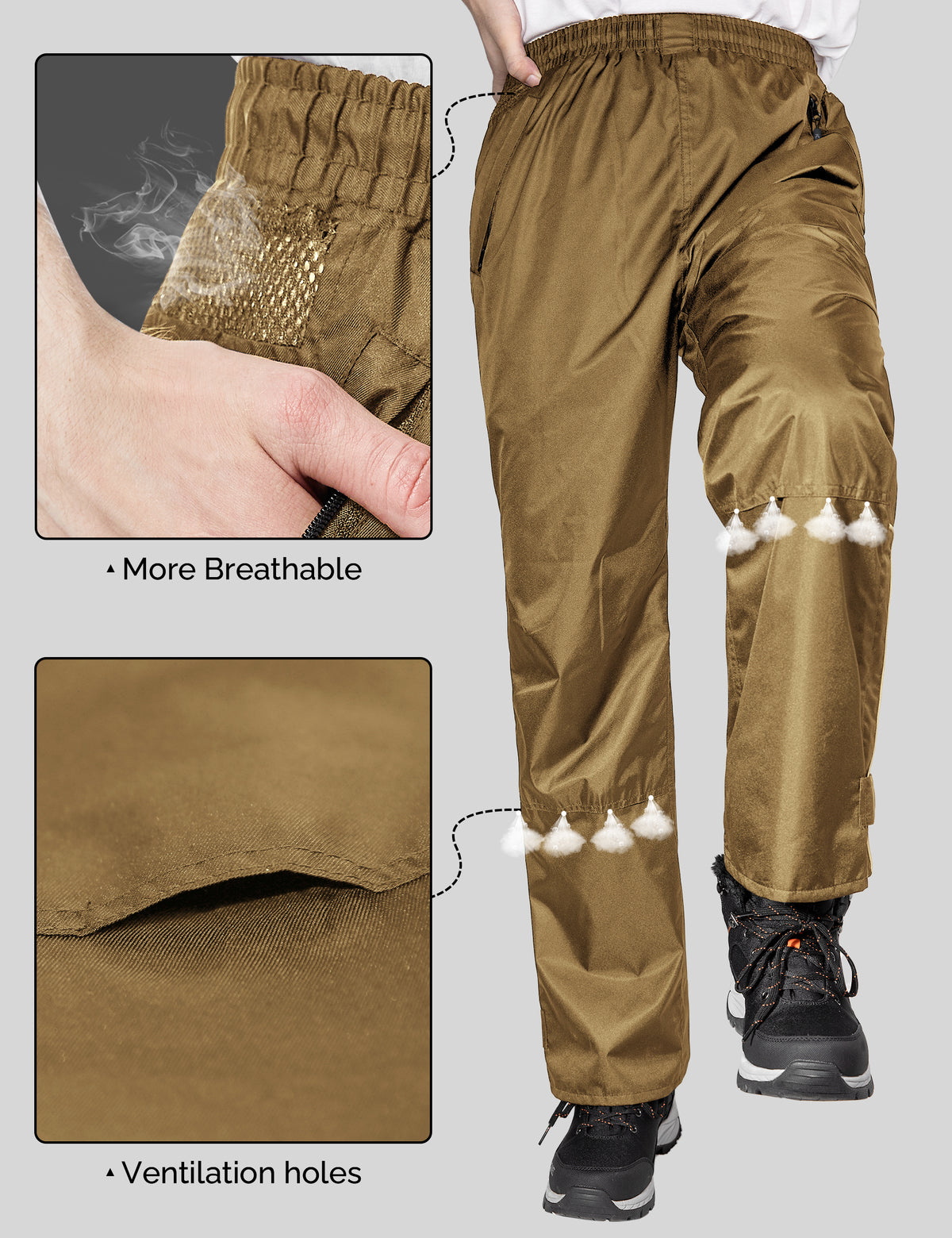 Calça de chuva masculina iCreek Calça cargo impermeável respirável leve sobre calças à prova de vento ao ar livre para caminhadas, golfe, pesca (marrom) 