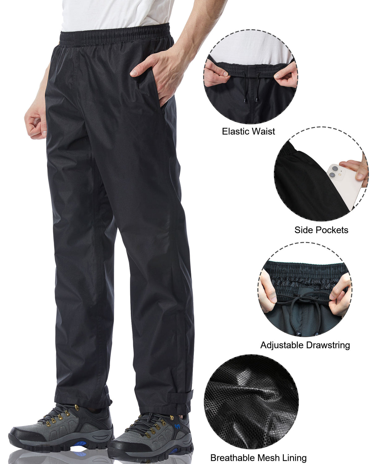 iCreek Men's Rain Pants Waterproof Over Pants Windproof Lightweight Hiking Pants Work Rain Outdoor for Golf, Fishing（Black With Pocket）