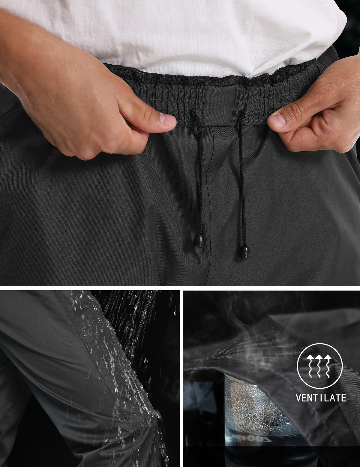 Calça de chuva masculina iCreek à prova d'água sobre calças à prova de vento, leve, para caminhada, trabalho, chuva ao ar livre para golfe, pesca (preto com bolso com zíper))