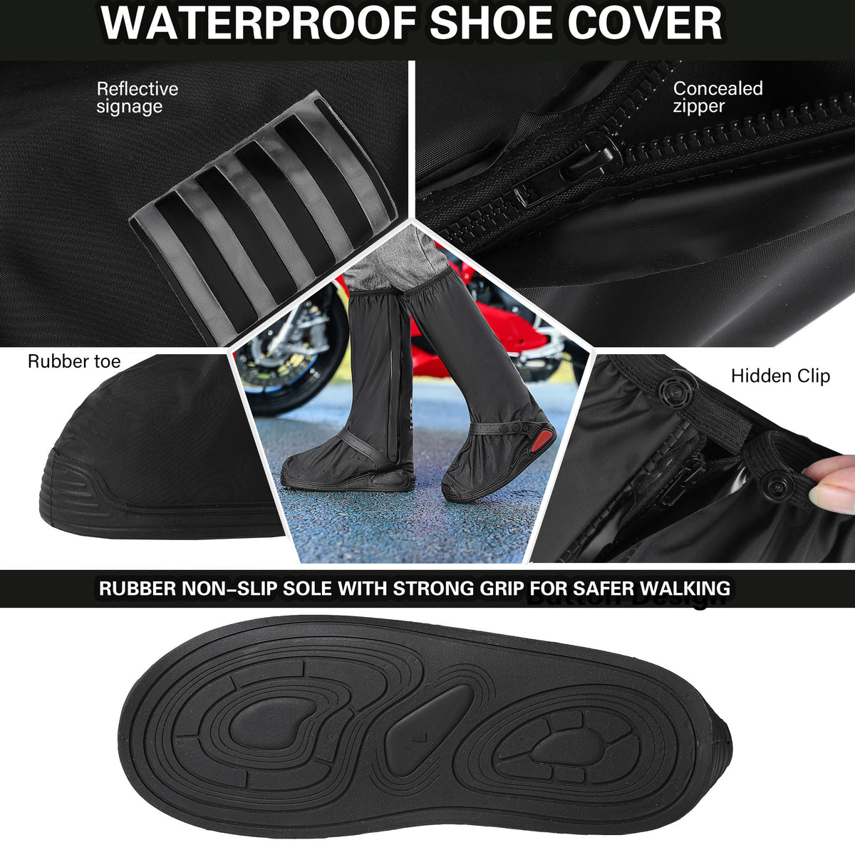 iCreek Waterproof Shoe Covers Reflective Rain Boot Foldable Non-Slip Protective Overshoes for Rainy Day, Hiking, Outdoor, Fishing(Black)