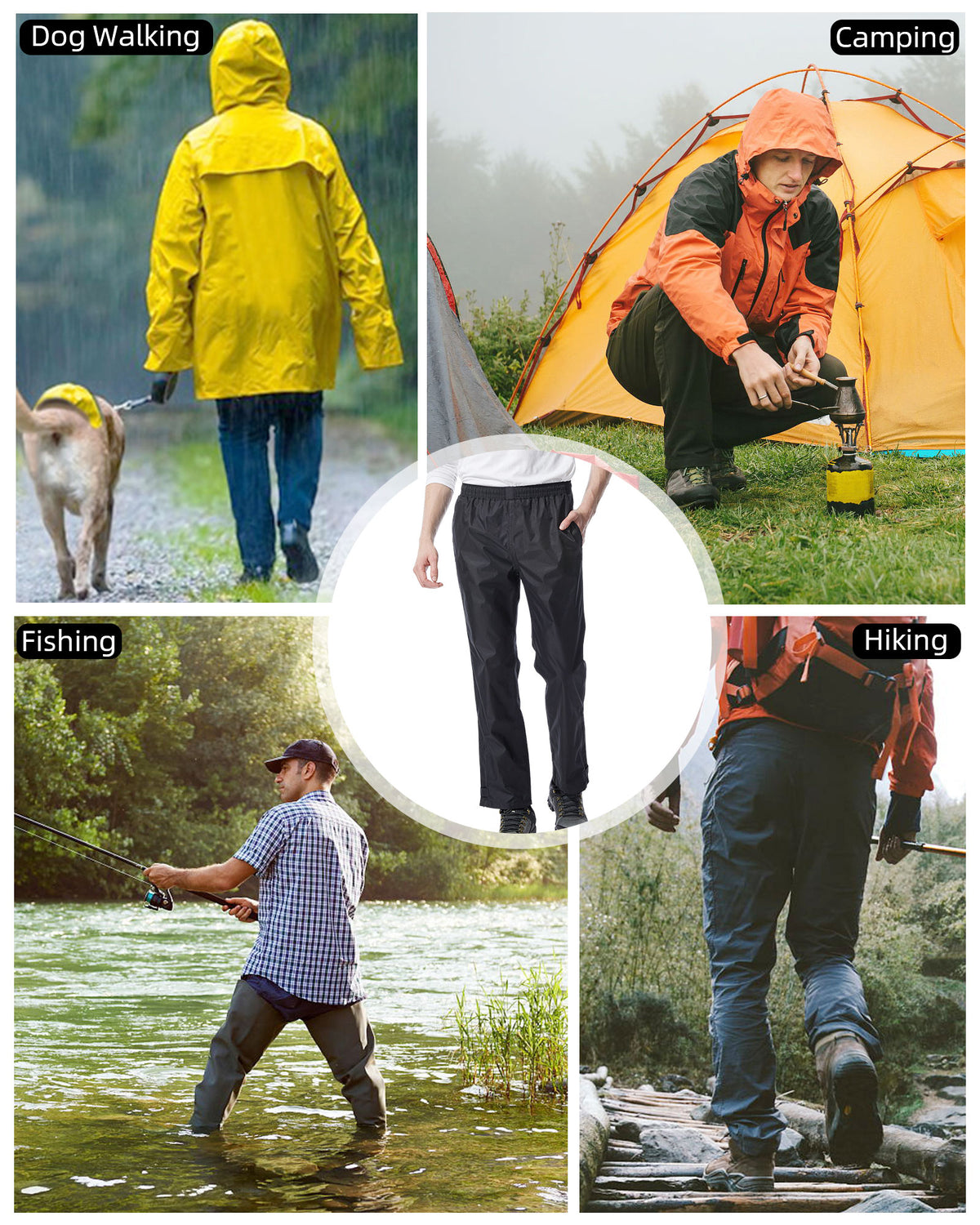 iCreek Men's Rain Pants Waterproof Over Pants Windproof Lightweight Hiking Pants Work Rain Outdoor for Golf, Fishing（Black）