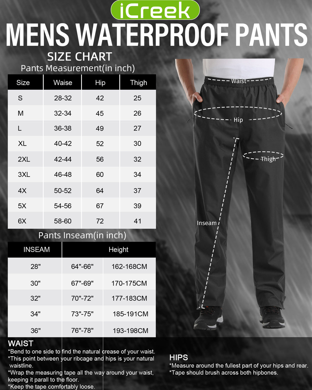 iCreek Men's Rain Pants Waterproof Over Pants Windproof Lightweight Hiking Pants Work Rain Outdoor for Golf, Fishing（Black with Zipper Pocket)）