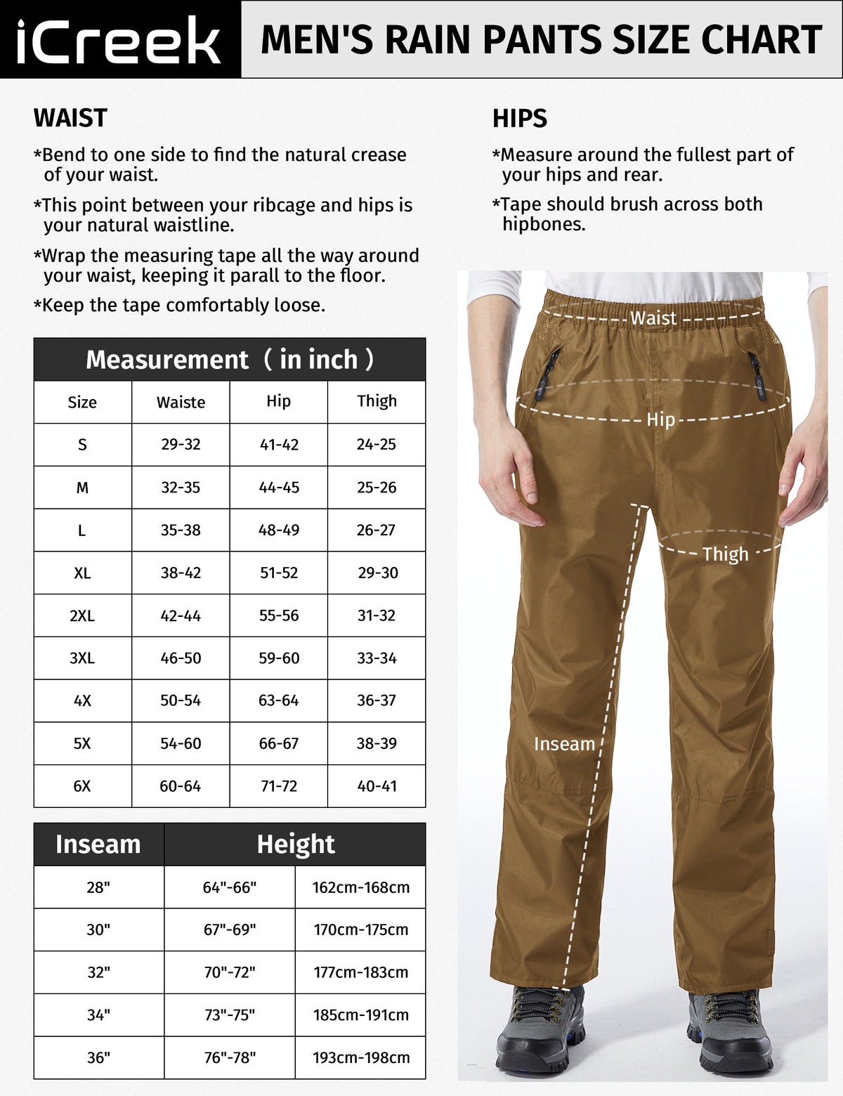 iCreek Men's Rain Pants Waterproof Cargo Pants Breathable Lightweight Over Pants Windproof Outdoor for Hiking, Golf, Fishing(Brown)