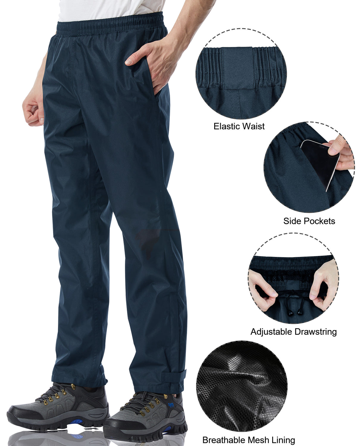 iCreek Men's Rain Pants Waterproof Over Pants Windproof Lightweight Hiking Pants Work Rain Outdoor for Golf, Fishing（Navy Blue With Pocket)